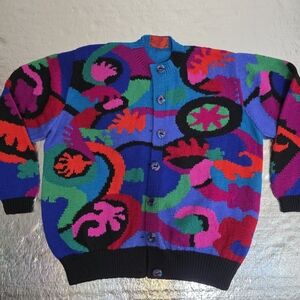 Robyn Malcom Wool Cardigan LARGE Hand Knit Abstract Colorful Vintage Art Sweater